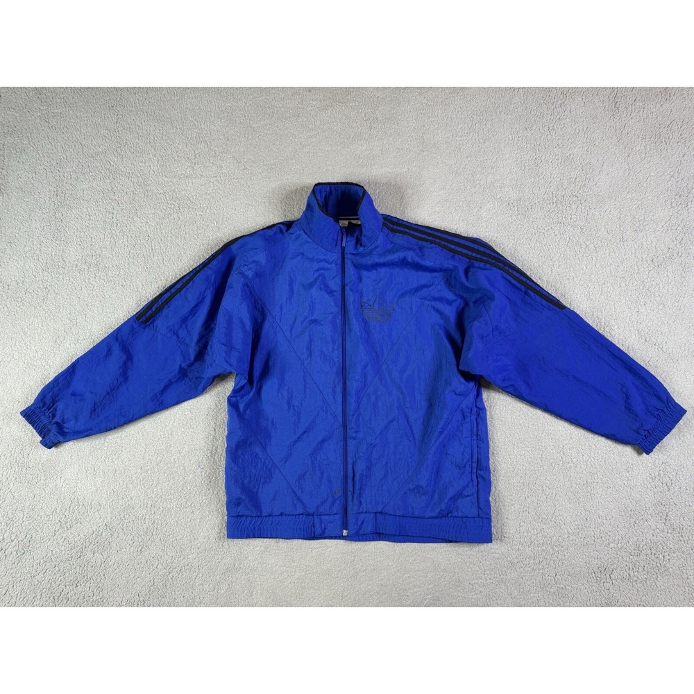 Vintage Adidas Jacket Mens Medium Blue Windbreaker Zip Trefoil Stripes Spell Out